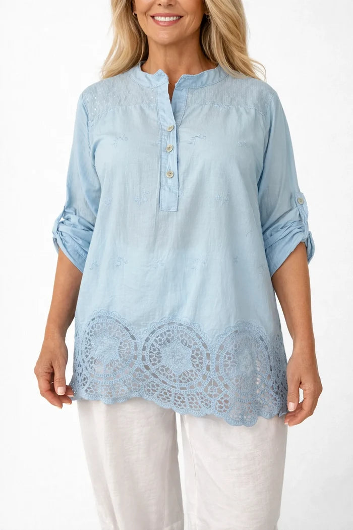 Pure Cotton Sequin Shoulder Embroidery Anglaise Button Sleeve Côte Doré Shirt - Baby Blue