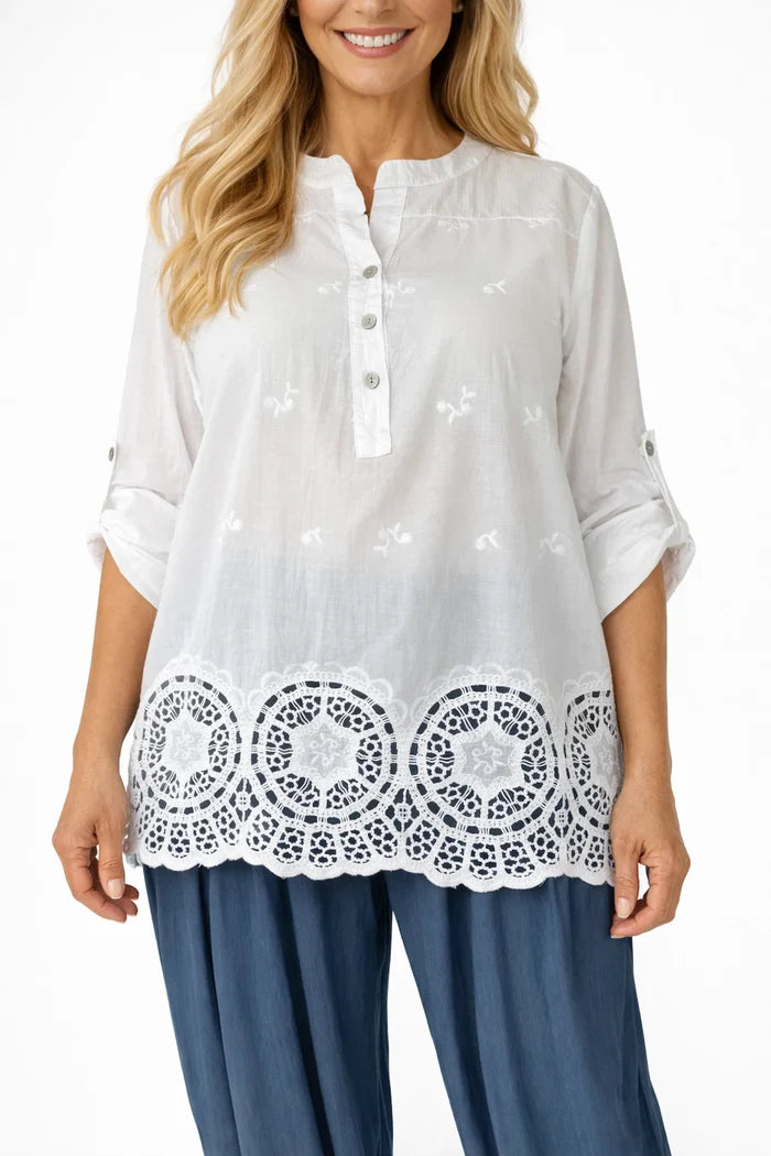 Pure Cotton Sequin Shoulder Embroidery Anglaise Button Sleeve Côte Doré Shirt - White
