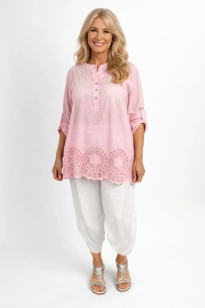 Pure Cotton Sequin Shoulder Embroidery Anglaise Button Sleeve Côte Doré Shirt - Baby Pink