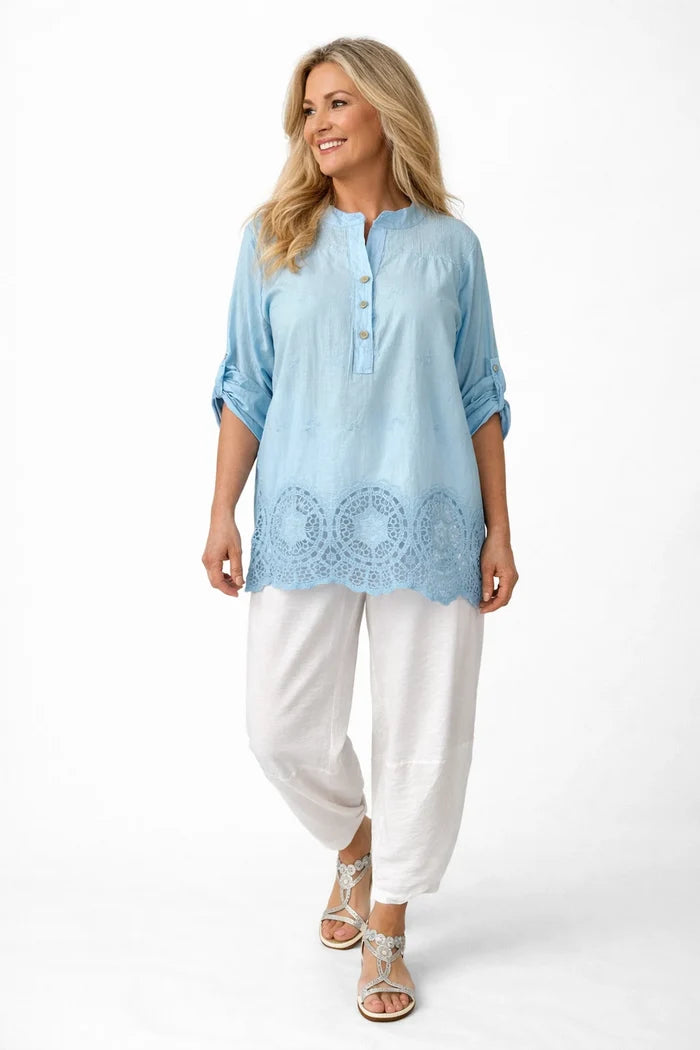 Pure Cotton Sequin Shoulder Embroidery Anglaise Button Sleeve Côte Doré Shirt - Baby Blue
