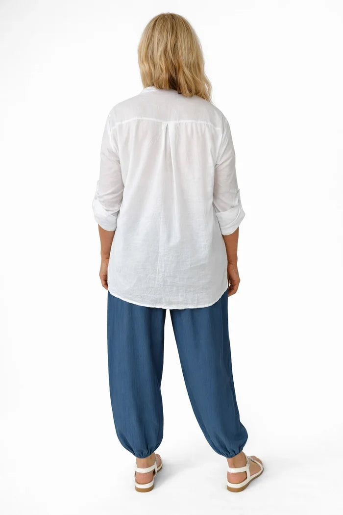 Pure Cotton Sequin Shoulder Embroidery Anglaise Button Sleeve Côte Doré Shirt - White