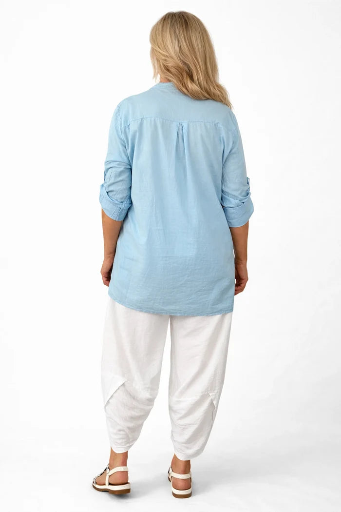 Pure Cotton Sequin Shoulder Embroidery Anglaise Button Sleeve Côte Doré Shirt - Baby Blue