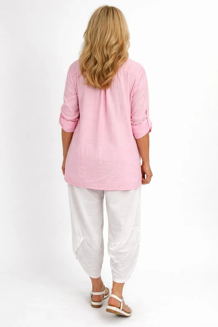 Pure Cotton Sequin Shoulder Embroidery Anglaise Button Sleeve Côte Doré Shirt - Baby Pink