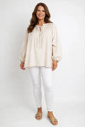 Pure Cotton Tie Front Detail Elasticated Cuff And Neckline Blanca Blouse - Beige
