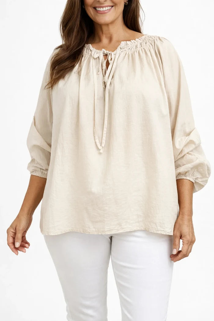 Pure Cotton Tie Front Detail Elasticated Cuff And Neckline Blanca Blouse - Beige