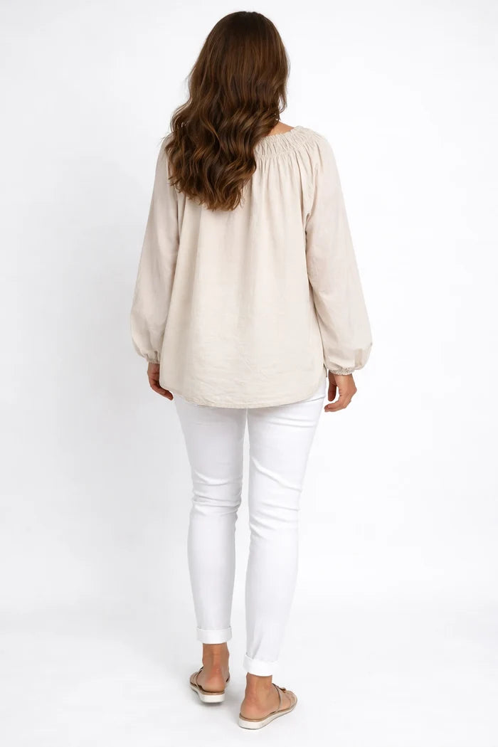 Pure Cotton Tie Front Detail Elasticated Cuff And Neckline Blanca Blouse - Beige