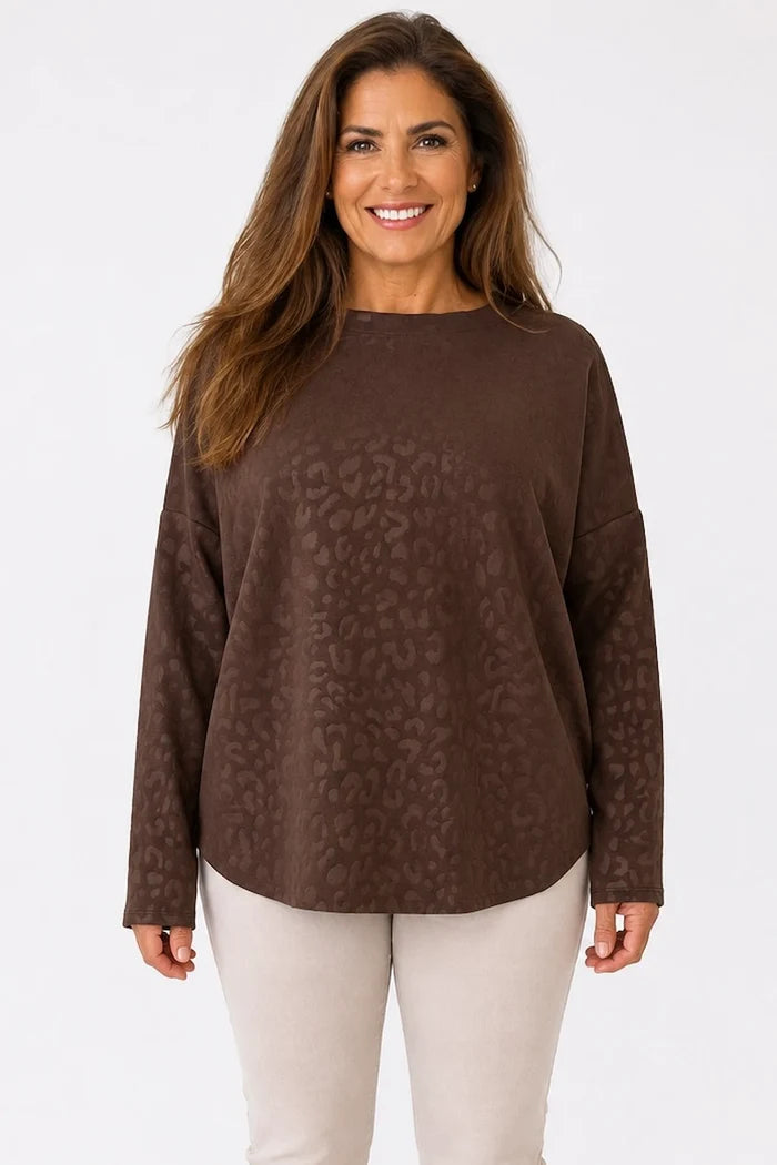 Raw Edge Hem Embossed Leopard Carvella Top - Chocolate