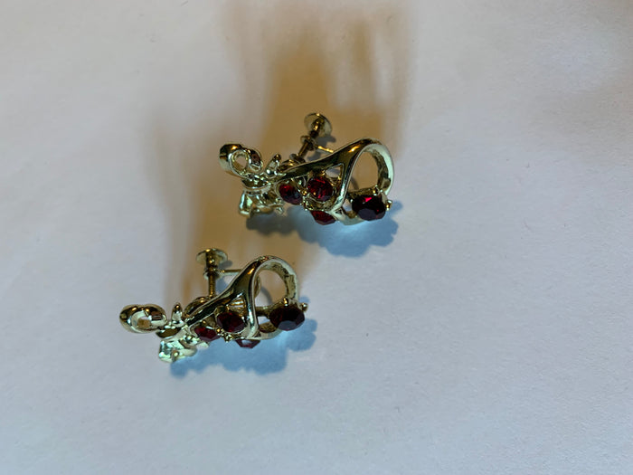 Red Rhinestone Golden Bell Articulated Clip Earrings circa 1960s