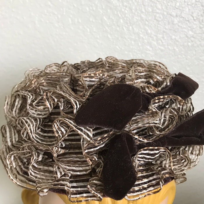 Sculpted Cocoa and White Sisal Whimsy Cap with Velvet Bow circa 1960s Lilly Daché