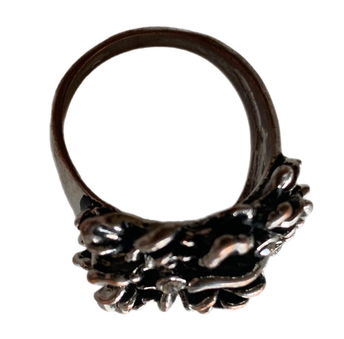 Silver Tone Rose Ring with Rhinestones circa 1970s 9.5