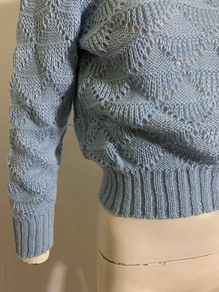 Sky Blue V Neck Sweater with Silver Metallic Threads circa 1970s