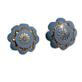Steel Blue Carved Plastic Clip Earrings with Gold and Rhinestone Accents circa 1950s