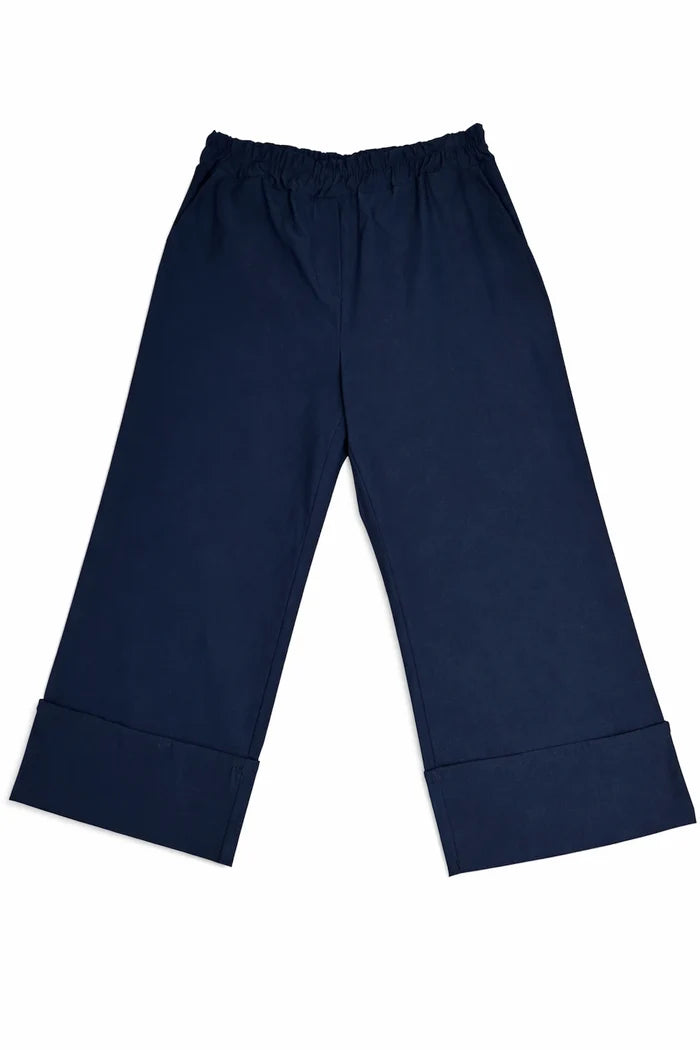 Stretch Wide Leg Capri Double Pocket Cuff Trouser - Navy