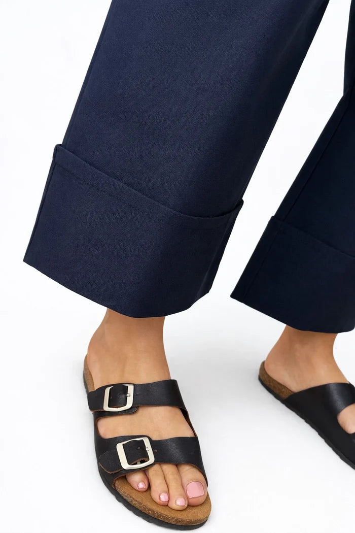 Stretch Wide Leg Capri Double Pocket Cuff Trouser - Navy