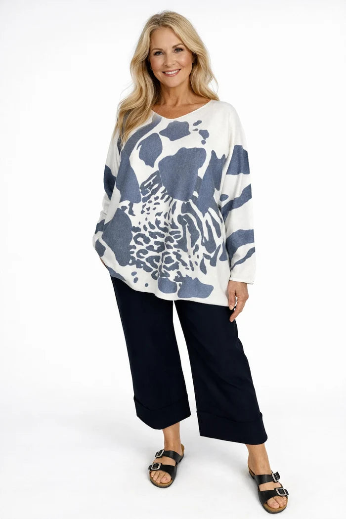 Stretch Wide Leg Capri Double Pocket Cuff Trouser - Navy