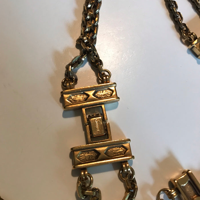 Striking Gold Tone Metal Double Chain Long Necklace with Abstract Side Links circa 1980s