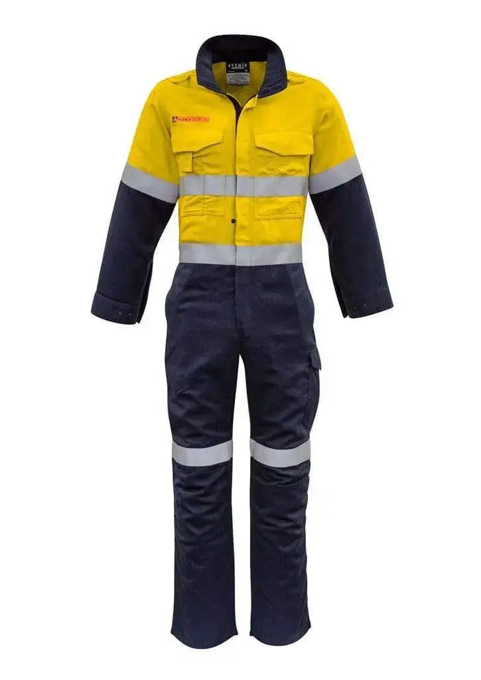 SYZMIK men's orange flame hrc-2 hoop taped spliced overall ZC525 Metro Workwear.