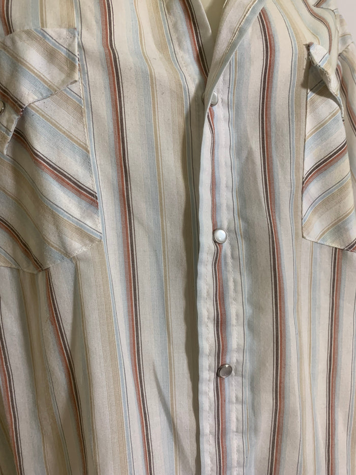 Tan, White and Blue Cotton Snap Front Men's Western Shirt circa 1980s XL