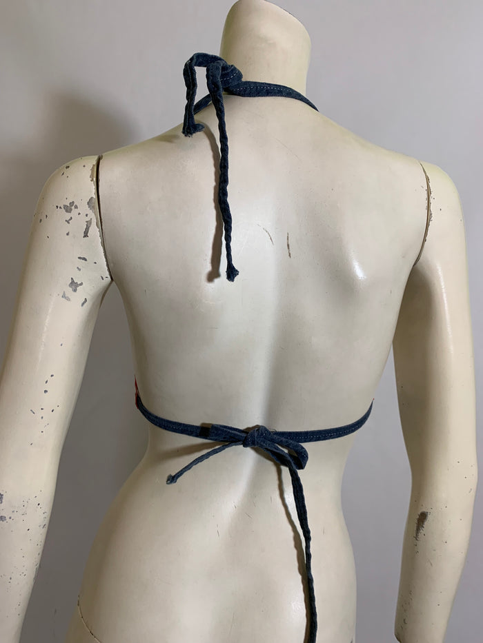 Ticking Striped Bikini Top with Red Gingham Reverse circa 1970s