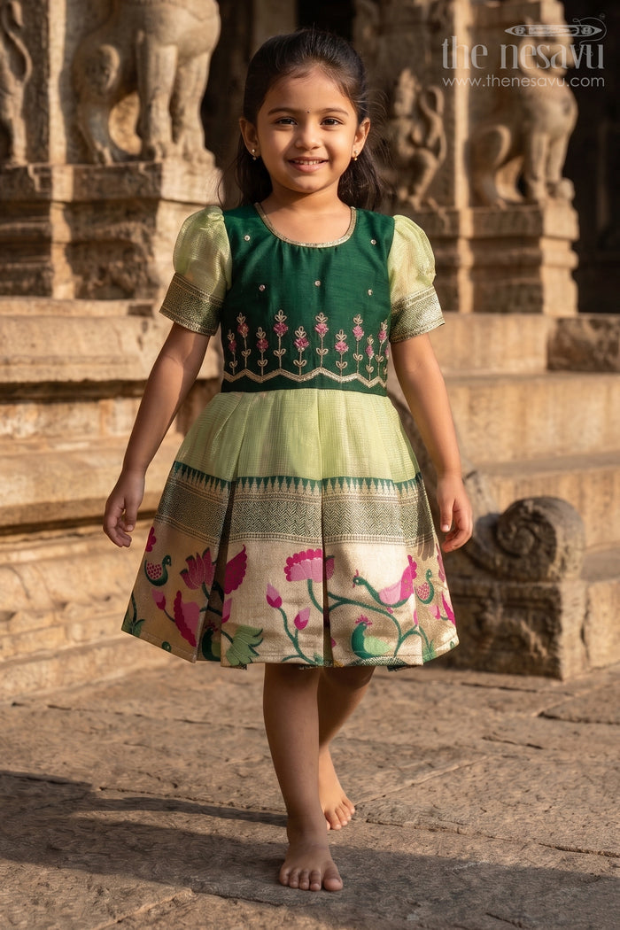 The Nesavu Silk Frock Toddler Girl Silk Frock for Birthdays and Ethnic Celebrations Nesavu 16 (1Y) / Green / Silk Blend SF1125A-16 Nesavu toddler silk frock with zari border and embroidery for birthdays and festive occasions