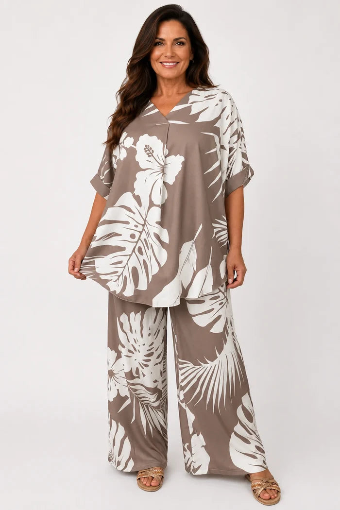 Tropical Print Lightweight Flow Carrisa Top - Mocha