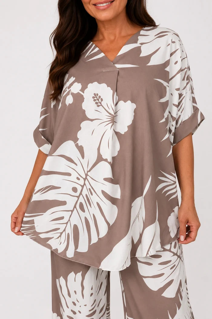 Tropical Print Lightweight Flow Carrisa Top - Mocha