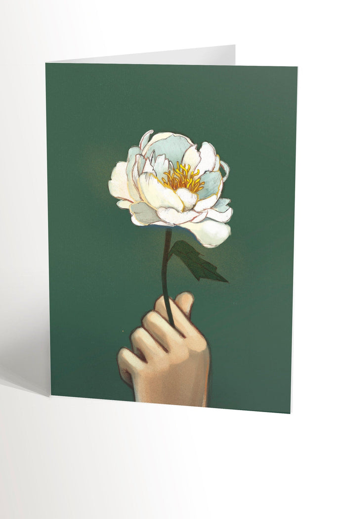 VALERIE BOIVIN Carte de Souhait - Pivoine blanche et main
