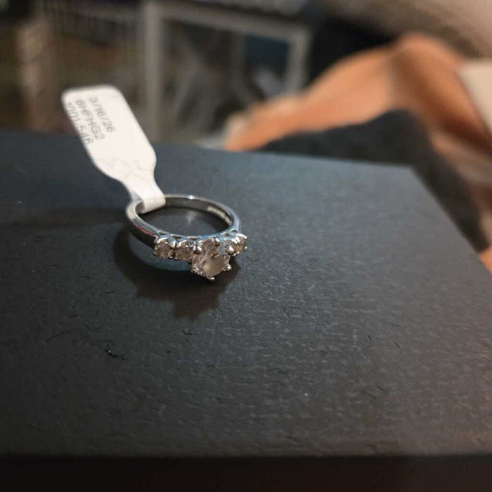 Vintage 3 Stone Diamond-Style Engagement Ring White Metal Setting