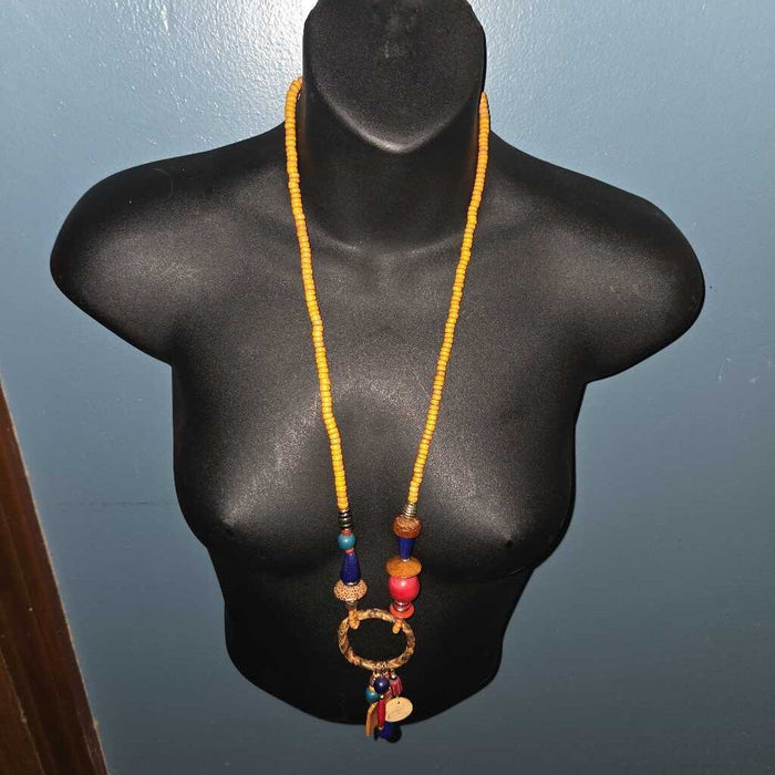 Vintage Bohemian Beaded Necklace with Wooden and Metal Accents
