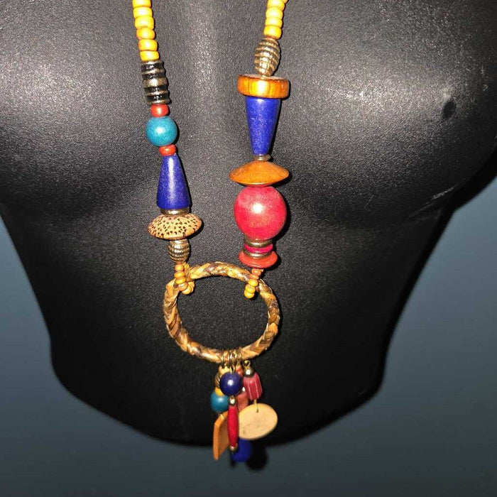 Vintage Bohemian Beaded Necklace with Wooden and Metal Accents