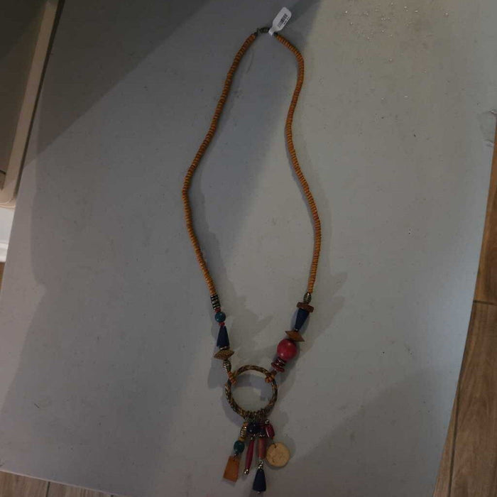 Vintage Bohemian Beaded Necklace with Wooden and Metal Accents