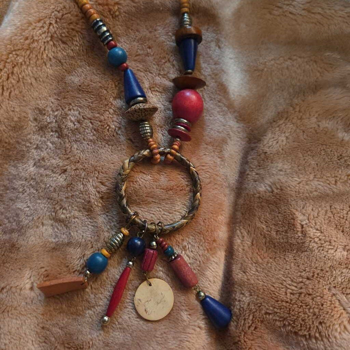 Vintage Bohemian Beaded Necklace with Wooden and Metal Accents