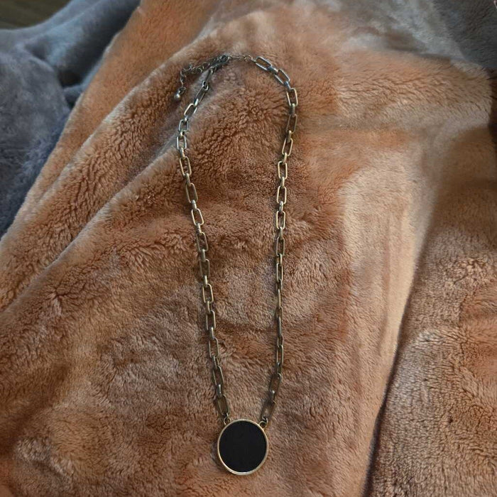 Vintage Gold-Tone Chain Necklace with Black Pendant