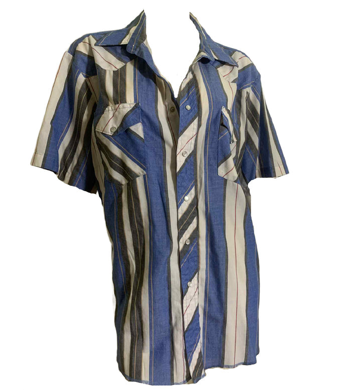 Wide Blue and White Striped Snap Front Men's Western Shirt circa 1980s XL