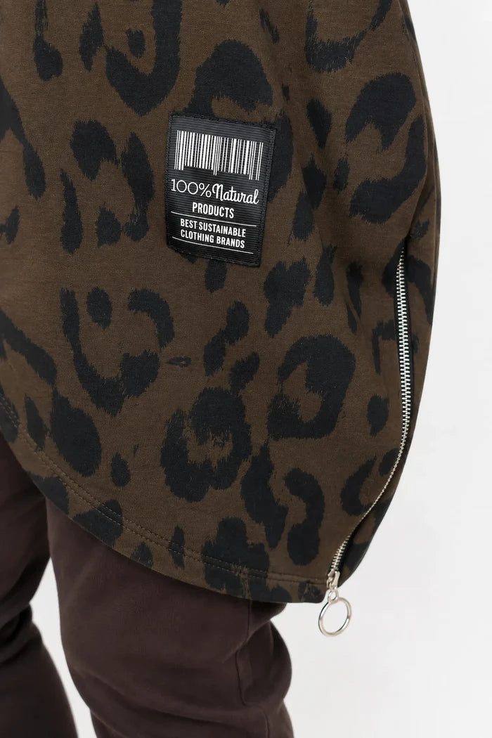 Zip Detail Scuba Leopard Zizzi Tunic Top - Chocolate
